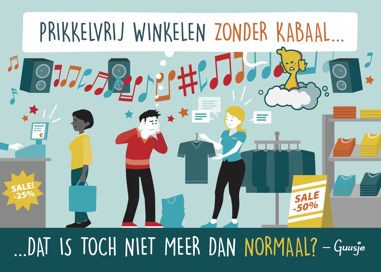 Een Guusje tekening van een jongen die teveel prikkels krijgt in een winkel met harde muziek.
