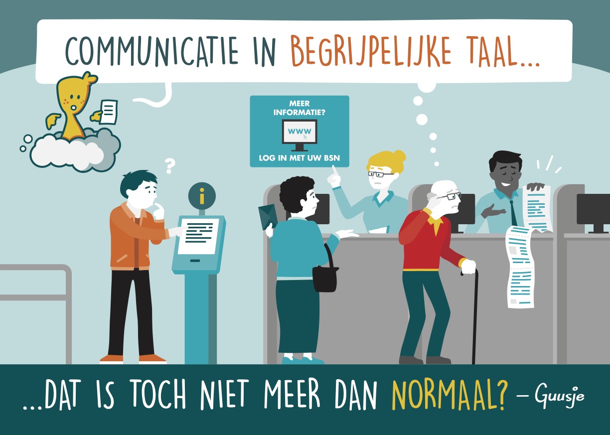 Een Guusje tekening met met een oude man die informatie aan het loket niet kan begrijpen.