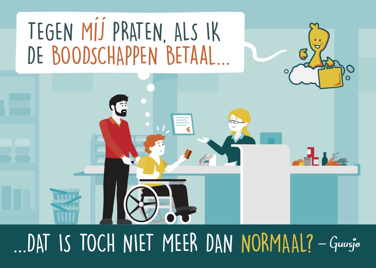 Een Guusje tekening met een caissière die tegen de begeleider praat, maar niet tegen de jongen in de rolstoel.