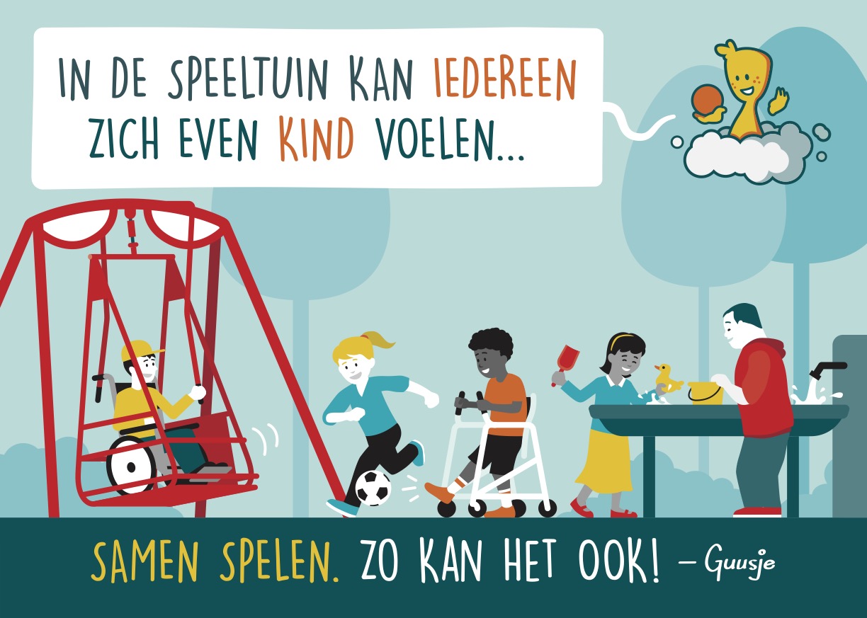 Een Guusje tekening met een aangepaste speeltuin waar kinderen met en zonder beperking samen kunnen spelen.