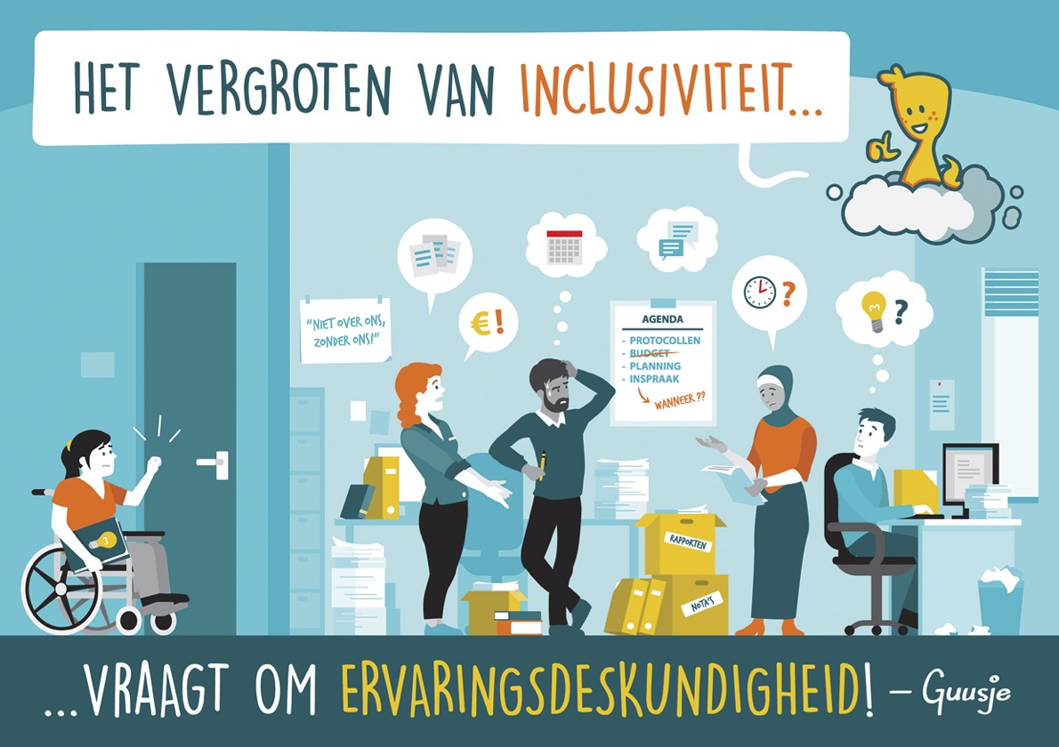 Een Guusje tekening met ambtenaren met vragen en een meisje in een rolstoel met de antwoorden.