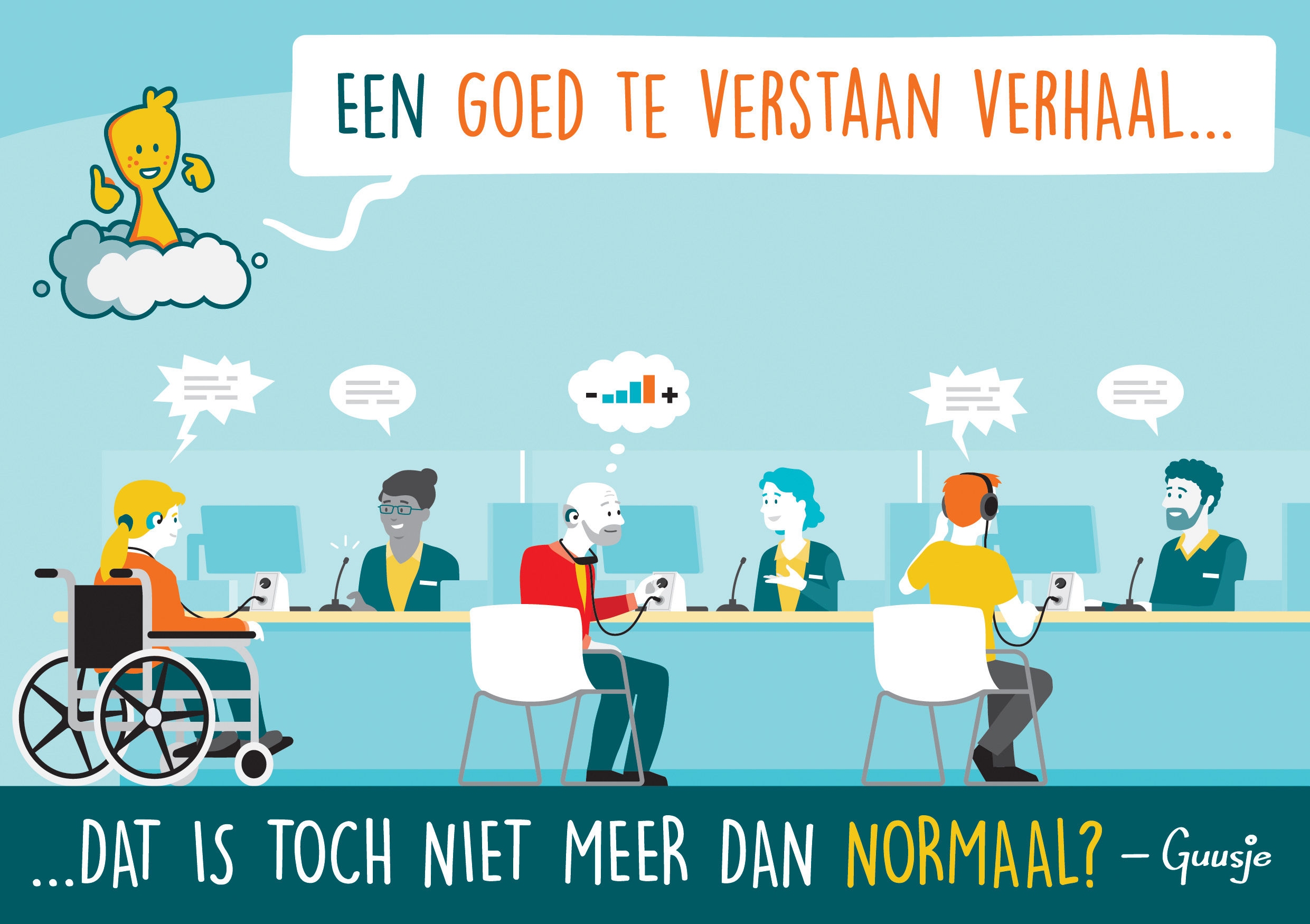 Een Guusje tekening van een balie waar doven en slechthorenden goed terecht kunnen.